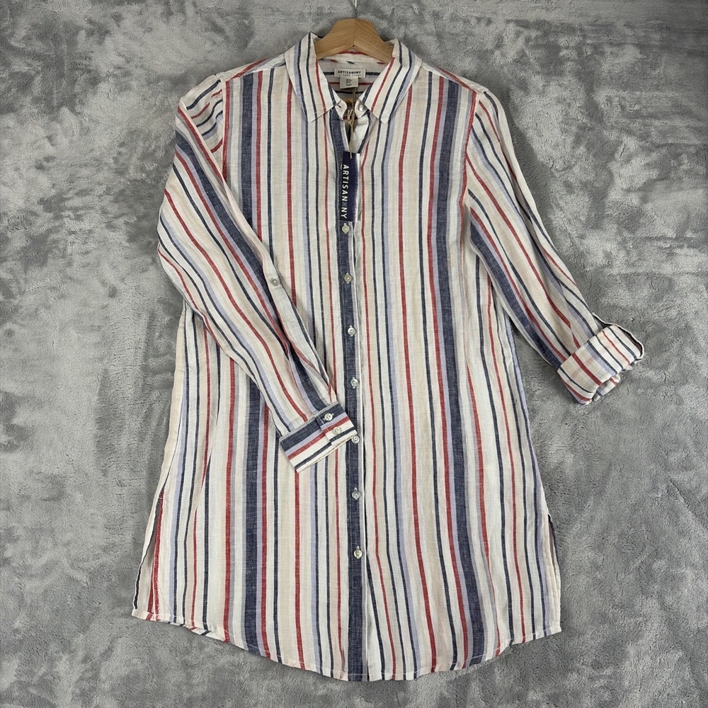 Artisan NY Linen Tunic Shirt Womens Small Striped Long Sleeve Button Top NWT